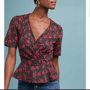 Meadow Rue Anthropologie Dark Floral Peplum Top Size Medium